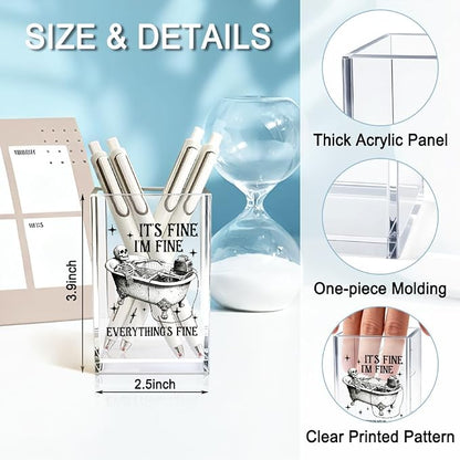 It's Fine I'm Fine Everything Is Acrylic Makeup Brush Pencil Holder Cup, Funny Bathtub Skull Pen Holder Gifts For Friends HR Nurse, Office Gifts for Women Men Coworker, Pencil Cup for Desk