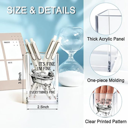 It's Fine I'm Fine Everything Is Acrylic Makeup Brush Pencil Holder Cup, Funny Bathtub Skull Pen Holder Gifts For Friends HR Nurse, Office Gifts for Women Men Coworker, Pencil Cup for Desk