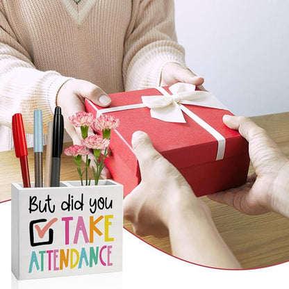 But Did You Take Attendance Teacher Office Decor Funny Teacher Office Decoration School Secretary Gifts for Women Men Wooden Pencil Holder, Funny Attendance Gifts Desk Decor