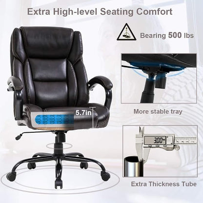 Big and Tall Office Chair 500lbs Wide Seat Ergonomic Desk Chair Task High Back Executive Chair Rolling Swivel PU Computer Chair with Lumbar Support Armrest Adjustable Chair for Heavy People, Brown