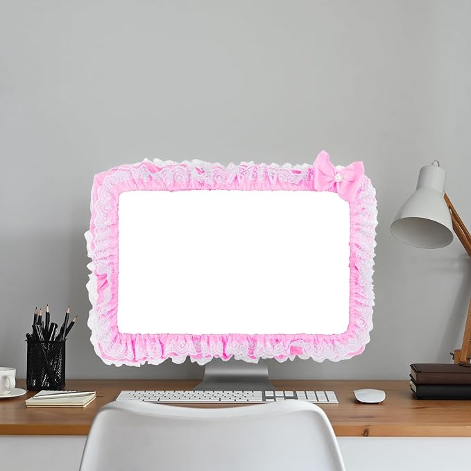 Cute Pink Lace 23"-27" Computer Monitor Screen Dust Cover with Bowknot | Lovely Pink Bow | Lace Trim | Adjustable Elastic Band