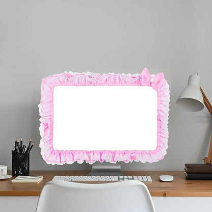 Cute Pink Lace 23"-27" Computer Monitor Screen Dust Cover with Bowknot | Lovely Pink Bow | Lace Trim | Adjustable Elastic Band
