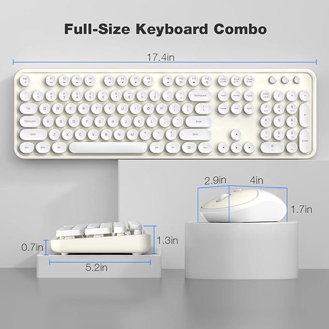 KNOWSQT Wireless Keyboard and Mouse Combo - White-Milky Full-Sized 2.4 GHz 104 Keys Typewriter Cute Keyboard, Round Keycap and Optical Mouse for Windows, Computer, PC, Laptop, Desktop
