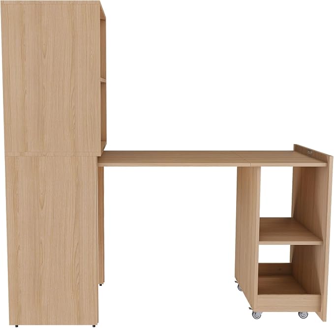 Folding Out Desk with Storage Shelves, Convertible Murphy Table, Expandable Hidden Computer Desks, Pull Out Home Office Desk with Mobile Wheels, Hidden Writing Desks for Small Spaces (Natural Wood)