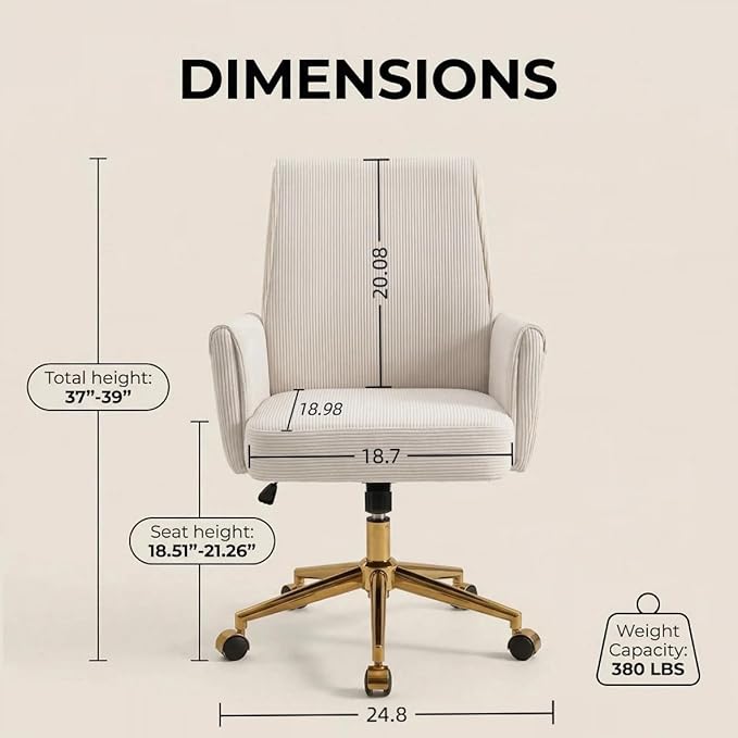 Stripes Velvet Home Office Desk Chair, Accent Upholstered Modern Height Adjustable Swivel Chair with Wheels,Ergonomic Task Chair for Living Room,Bedroom,Vanity,Study,Office（Cream）