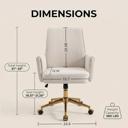 Stripes Velvet Home Office Desk Chair, Accent Upholstered Modern Height Adjustable Swivel Chair with Wheels,Ergonomic Task Chair for Living Room,Bedroom,Vanity,Study,Office（Cream）