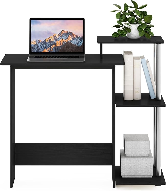 Furinno EFFICIENT Desk, 28.6" Wide Gaming Desk with 3 Open Side Shelves, Laptop Notebook Computer Desk, Office Desk for Home Office, Study Room, Dorm, Bedroom, Americano/Stainless Steel