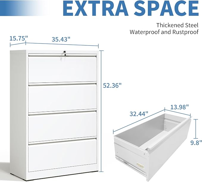 File Cabinets 4 Drawer,Metal Office Storage Filing Cabinet with Lock,White Lateral Filing Cabinet for Home Office,Horizontal Locking File Cabinet for Legal/Letter/A4,Assembly Require,White