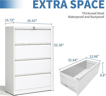 File Cabinets 4 Drawer,Metal Office Storage Filing Cabinet with Lock,White Lateral Filing Cabinet for Home Office,Horizontal Locking File Cabinet for Legal/Letter/A4,Assembly Require,White