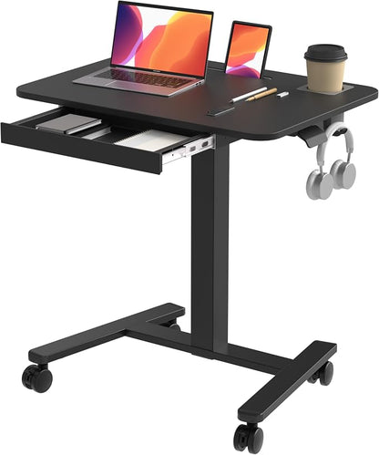 Monomi Mobile Standing Desk with Drawer, 28" Rolling Desk with Cup Holder and Hooks, Portable Laptop Cart on Wheels, Height Adjustable Workstation with Storage for Home Office, Black