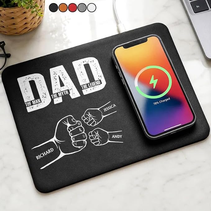 Personalized Leather Charging Mat, Dad The Man The Myth The Legend Hand Punch, Wireless Charging Desk Mat, Custom Dad Gift from Kids, Fathers Day Gift for Dad, Papa, Grandpa, Daddy 4