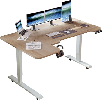 L-Shaped 59" Height Adjustable Electric Standing Desk,Height Stand Up Computer Desk,Sit and Stand Home Office Desk with Splice Board (Oak Top, White Frame)