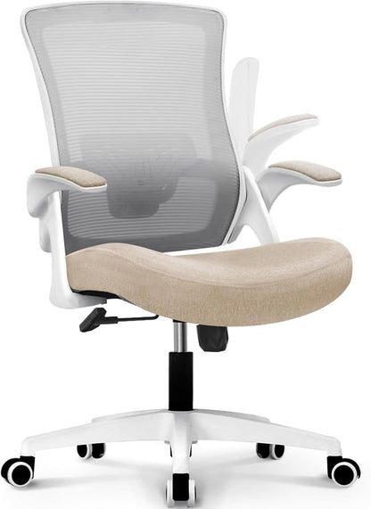 NEO CHAIR Office Desk Gaming Chair Computer High Back Mesh Seat with Rolling Wheels Ergonomic Adjustable Comfy Flip-up Armrests Lumbar Support Height for Home (Beige)