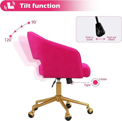 Home Office Chair Swivel Velvet Desk Chair Accent Armchair Upholstered Modern Tufted Chairs with Gold Base for Girls Women Ergonomic Study Seat Computer Task Stools for Living Room(Hot Pink)