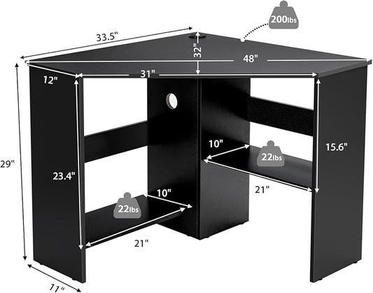 LDAILY Corner Desk, Space Saving 90 Degree Triangle Computer Desk with Storage Shelves & Cable Holes, Wood Compact Corner Writing Table for Small Spaces, Home Office, Bedroom & Living Room, Black