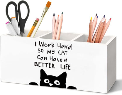 Funny Black Cat Pen Holder for Desk, Black Cat Lover Gifts Pencil Organizer, I Work Hard So My Cats Can Have a Better Life Wooden Pen Holder Desk Accessories Decor for Home Office