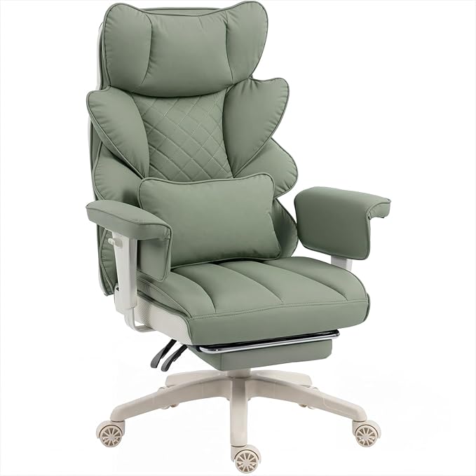 Dowinx Big and Tall Office Chair with Pocket Springs Cushion,High Back Computer Gaming Chairs with Adjustable Armrests,Executive Desk Chairs with Lumbar Support and Footrest,PU Leather-Green