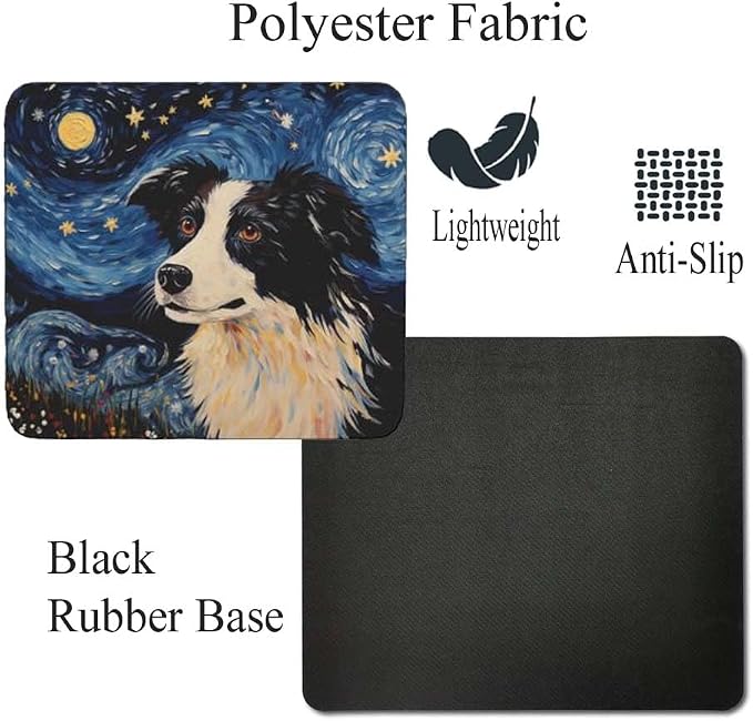 Tubbie Prints Starry Night Dog Mouse Pad for Computer Laptop Home Office Gaming Working Desk Desktop Accessories Non-Slip Rubber Mouse Pad for Dog Lovers (Border Collie)