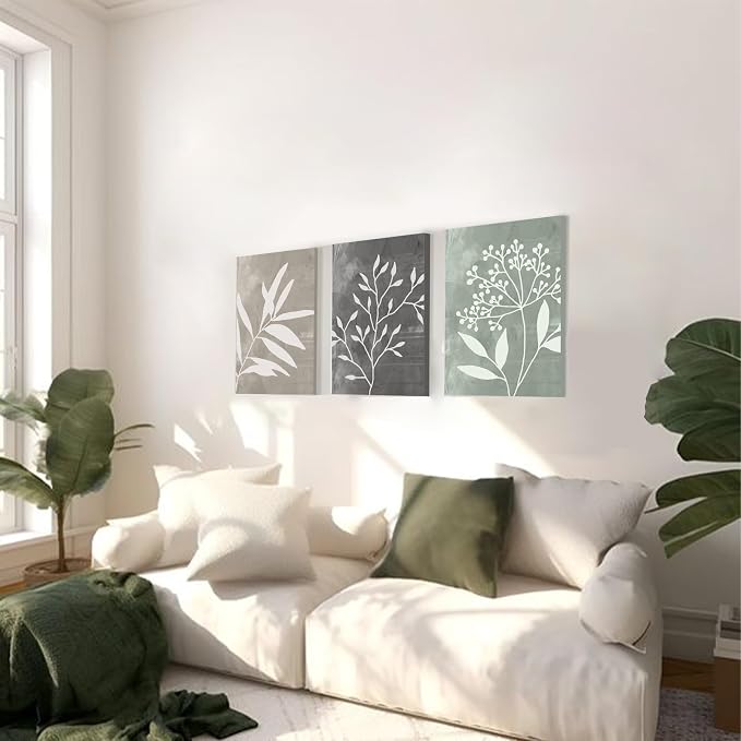 Vintage Botanical Wall Art Set of 3 Prints,Boho Framed Canvas Wall Art,Minimalist Floral Art Boho Wall Decor Living Room,Sage Green Grey Beige Netural Plant Wall Paintings for Bedroom Bathroom Decor,12"x16"