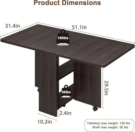 IDEALHOUSE FoldingTable, Drop Leaf Dining Table with 6 Wheels and 2-Layer Storage Shelf, Space Saving Table for Small Spaces (Dark Walnut, 50.1" D x 31.4" W x 29.5" H)