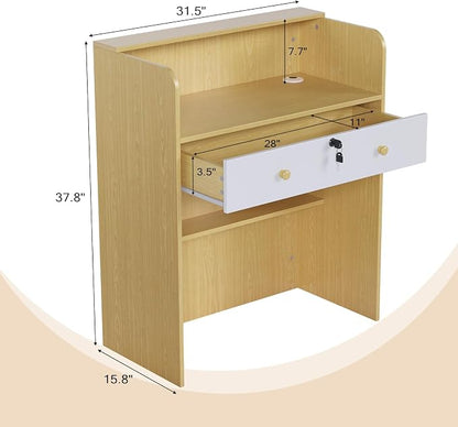 OmySalon Reception Desk with Counter, Small Front Desk w/Lockable Drawer, Wooden Modern Reception Table for Salon Lobby Office Home (Original Wood, 32)