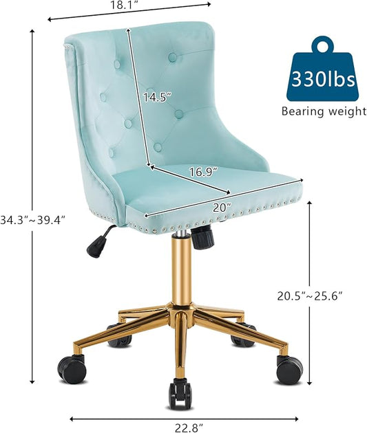 VINGLI Light Blue Armless Home Office Desk Chair with Gold Base/Wheels, Small Cute Vanity/Makeup Chair with Back for Bedroom, Upholstered Adjustable Rolling Swivel Nail Chair for Women/Girls