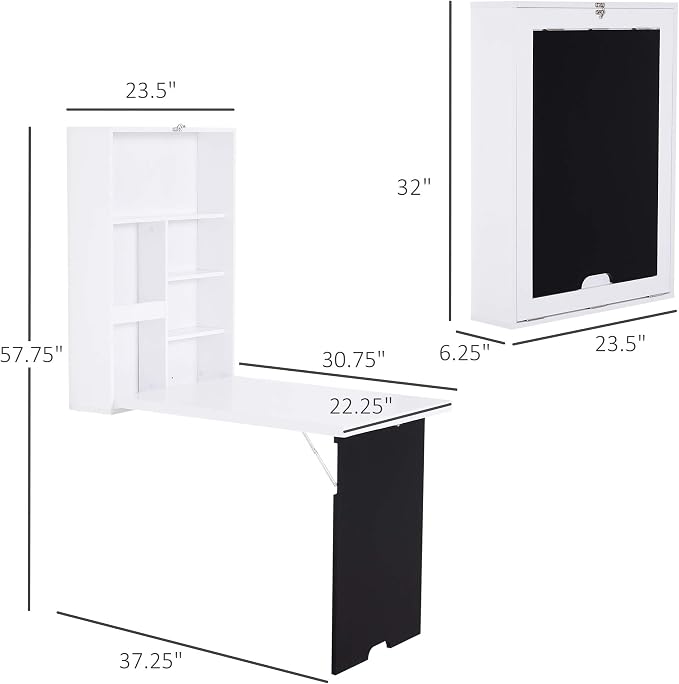 Wall Floating Desk with Storage, Foldable Hidden Desk with A Blackboard, Hideaway Fold Out Desk, Pull Out Murphy Table, Wooden Writing Table for Home Office Bedroom Small Spaces Apartment (White,)
