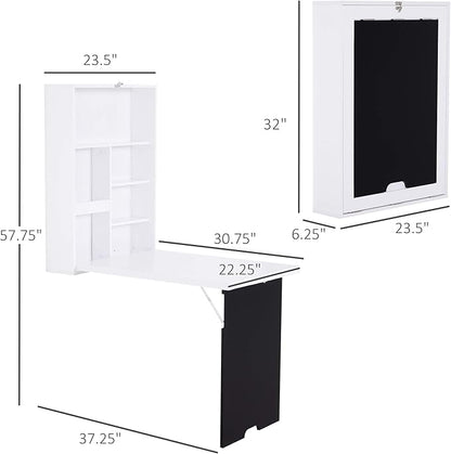 Foldable Wall Mounted Desk with Storage Shelves, Fold Out Convertible Computer Table with Blackboard, Folding Writing Table Workstation for Small Spaces,Home Office (White-a)
