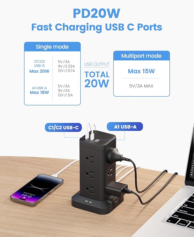 1800J Surge Power Strip Tower 1800J Fast Charging PD20W USB-C Black 10FT | 15-in-1 outlets with 12 AC plug, 2 USB-C & 1 USB-A; 10ft extension cords with multiple outlets; for home office dorm room;