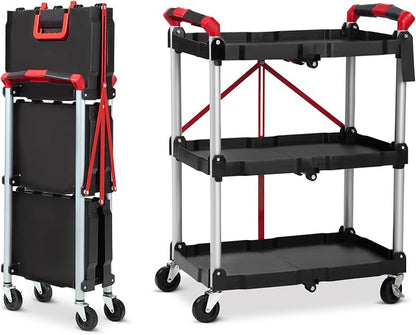 Folding Utility Service Cart, Collapsible Cart with Wheels, 3 Tier Rolling Utility Cart, Folding Cart with Wheels Collapsible, Service Cart for Tool, Grocery, Bar, Garage, Kitchen, Office