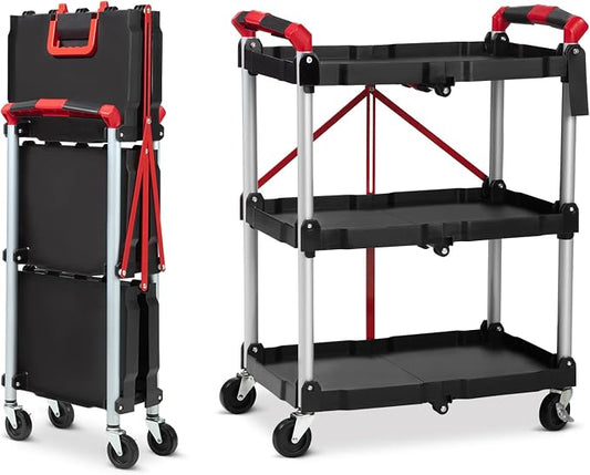 Folding Utility Service Cart, Collapsible Cart with Wheels, 3 Tier Rolling Utility Cart, Folding Cart with Wheels Collapsible, Service Cart for Tool, Grocery, Bar, Garage, Kitchen, Office