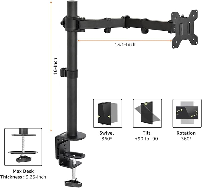 Amazon Basics Single Computer Monitor Stand with Tilt and Rotation,Height Adjustable VESA Desk Arm Mount,Steel,30 inches,Black,(Pack of 6)