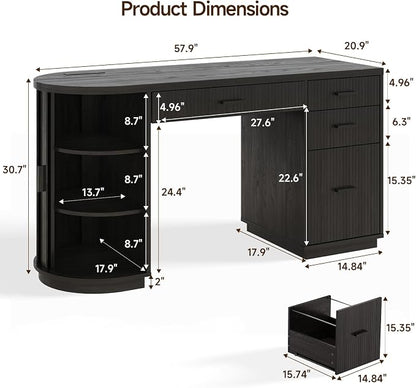 ONBRILL 58 Inch Fluted Executive Desk, Computer Desk with Storage Drawers & File Drawer, Modern Home Office Desk with Charging Station for Working, Studying, Writing, Black