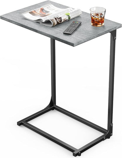 Pipishell C-Shaped Side Table, C Table for Sofa with Two-Piece Desktop & Metal Frame, Large Surface End Table for Living Room, Bedroom, Bedside, Rustic Design, Grey