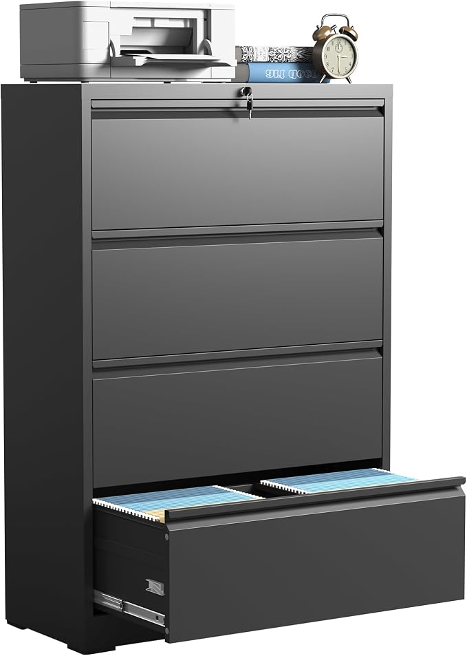 IKIMI 4 Drawer Lateral File Cabinets,Metal Filing Cabinet for Home Office,Wide Steel Storage Cabinet Commercial Drawer for Legal/Letter/A4 Size Files Assembly Required