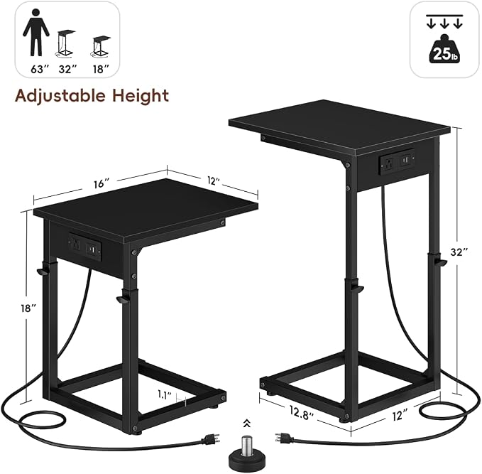 Vagusicc C Shaped End Table with Charging Station, 33"Tall C-Table End Table Adjustable Height Side Table for Couch, Couch Table That Slide Under Sofa Table TV Tray Table for Living Room,Bedroom,Black