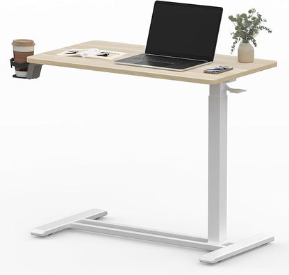 SANODESK Medical Adjustable Overbed Bedside Table with Hidden Casters, Pneumatic Mobile Laptop Computer Standing Desk Cart with Tray, Hospital and Home Use(27.6" W x 15.7" D, Pink)
