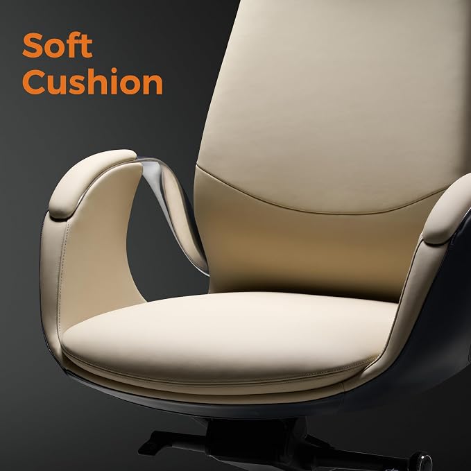 TOMU Genuine Top Grain Leather Office Chair Cream, Ergonomic Executive Chair High Back for Long Hours,Big and Tall Luxury Office Chair with Wheels, Aluminum Base and Armrest (Cream)