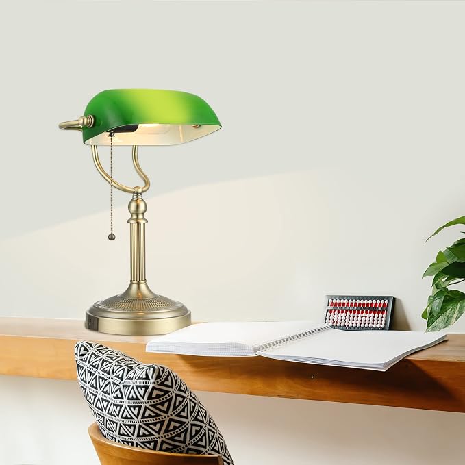Green Glass Bankers Desk Lamp with USB Fast Charging Port | Pull Chain Switch Plug in Fixture