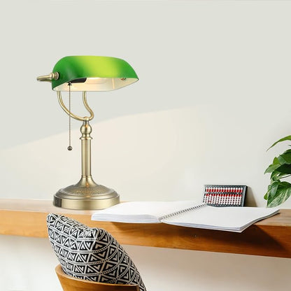 Green Glass Bankers Desk Lamp with USB Fast Charging Port | Pull Chain Switch Plug in Fixture