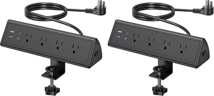 Jgstkcity Desk Clamp Power Strip,20W Fast Charging Station,Surge Protector Nightstand Edge Mount,1875W Extension Cord with Multiple Outlets,2 USB-C,2 USB-A,for Home Office (Black, 10 FT) (Pack of 2)