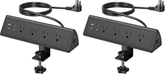 Jgstkcity Desk Clamp Power Strip,20W Fast Charging Station,Surge Protector Nightstand Edge Mount,1875W Extension Cord with Multiple Outlets,2 USB-C,2 USB-A,for Home Office (Black, 10 FT) (Pack of 2)