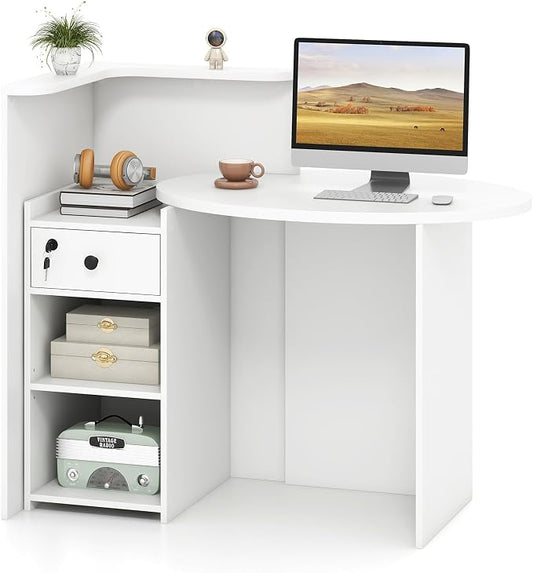 Tangkula Reception Desk, Front Counter Desk with Lockable Drawer & Adjustable Shelf, Oval Desktop, Retail Counter for Checkout, Computer Workstation for Salon Lobby Home Office