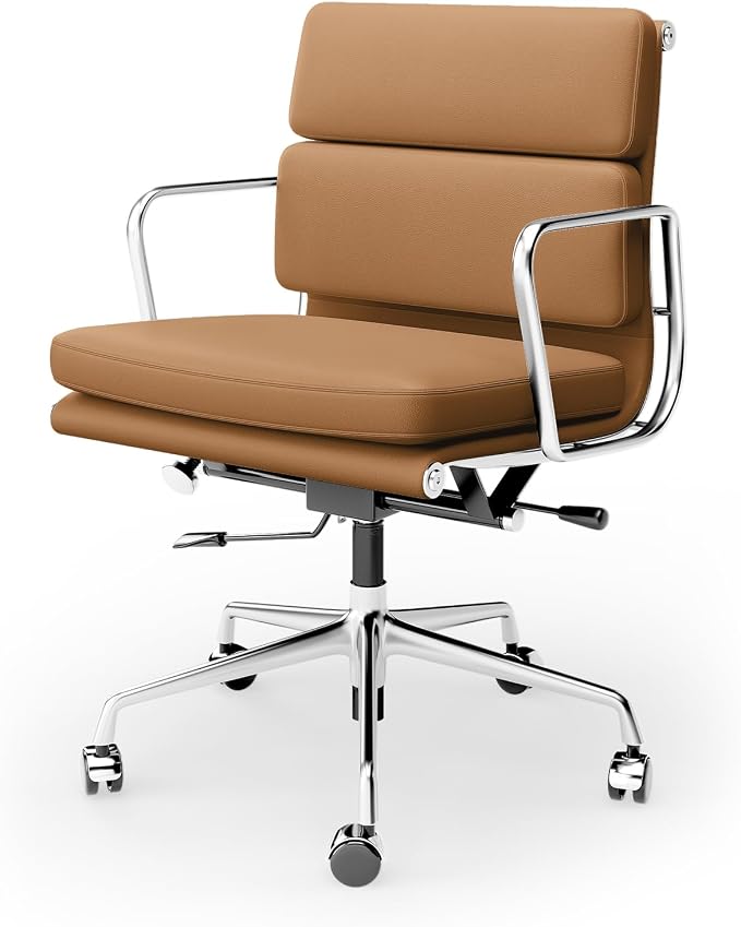 Genuine Leather Office Chair, Padded Mid Back Ergonomic Executive Desk Chair with Aluminum Arm Rest and Base, Swivel Wheels with Lumbar Support & Tilting Function, Hight Adjustable Light Brown