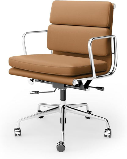 Genuine Leather Office Chair, Padded Mid Back Ergonomic Executive Desk Chair with Aluminum Arm Rest and Base, Swivel Wheels with Lumbar Support & Tilting Function, Hight Adjustable Light Brown