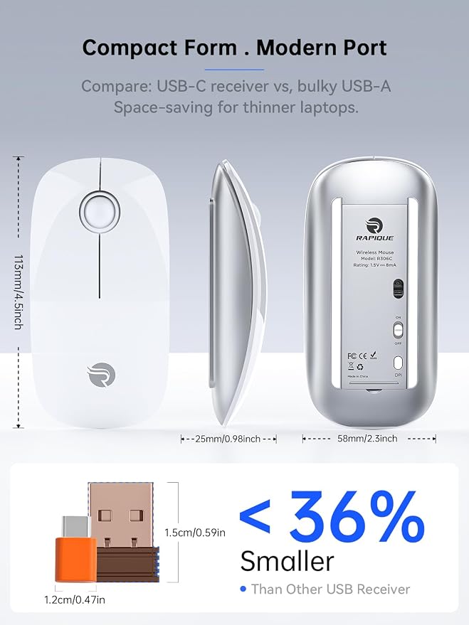 RAPIQUE R306C USB C Wireless Mouse for MacBook, Type-C 2.4GHz Portable Computer Mouse with USB-C Receiver, Silent Click, Slim Cordless Mouse, 3-Speed DPI, for iPad, Chromebook, Laptop, MacOS - White