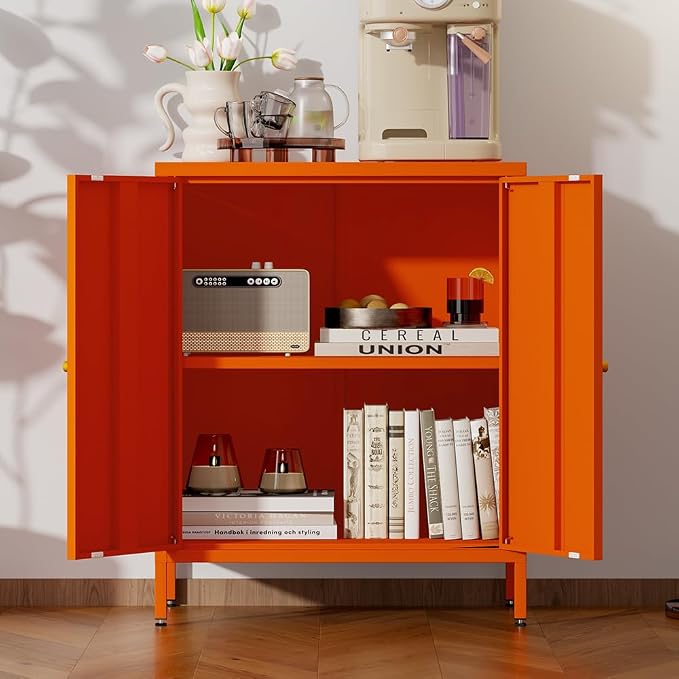 2 Door Metal Storage Cabinet-Small Bathroom Storage Cabinet with 1 Adjustable Shelf,Metal Freestanding Sideboard for Home Office, Living Room, Hallway, Entryway(Metal Door Cabinet, Orange)