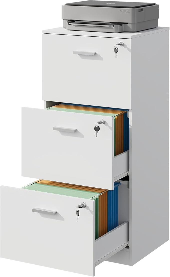 DEVAISE Wood File Cabinet with Lock, Vertical 3 Drawer Filing Cabinet for Home Office, Office Printer Stand for Letter and A4 Size (White)