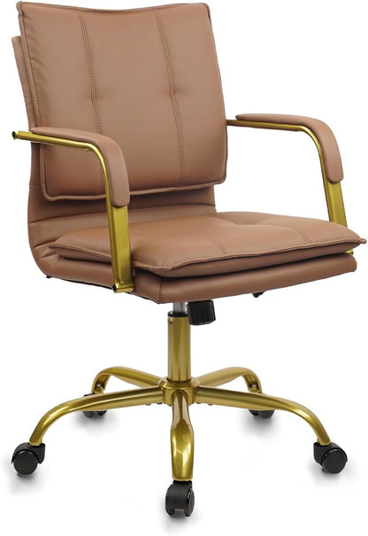 CLATINA Leather Home Office Desk Chairs, Swivel Mid-Back Computer Chair with Golden Legs and Arms, Comfy Upholstered Task Chair with Wheels, Brown