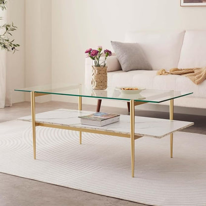 LumFurn Rectangle Coffee Table for Living Room, Mid-Century Modern Design, L41 x W21 x H17, 2-Tier Structure, Clear Glass Top and White Marble Finish Wood Shelf, Conical Legs with Gold Finish